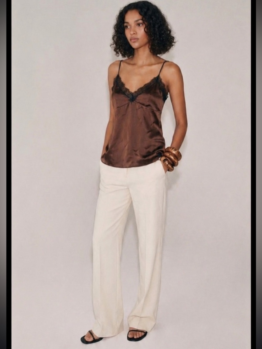 Lace Trim Silk Cami - Deep Brown with Black Lace